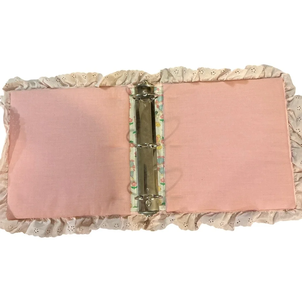Vintage Padded Fabric Photo Album Nursery Bear Elephant Pink Eyelet Lace Trim